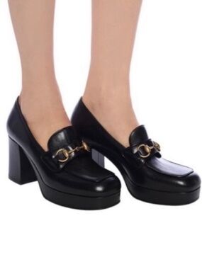 Gucci Houdan Black Leather Horsebit Platform Block Heel Loafers 39 1/2 $849